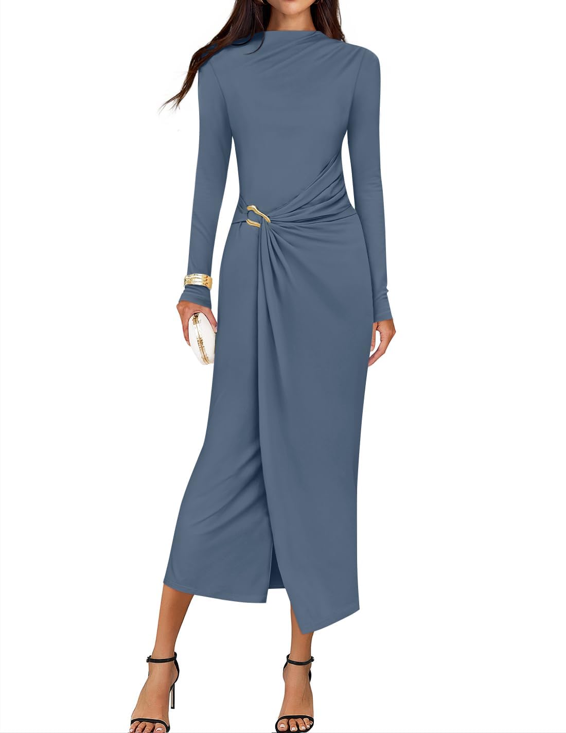 ZESICA Women's 2025 Fall Long Sleeve Bodycon Dress Mock Neck Wedding Guest Cocktail Party Long Midi Dresses, Dustyblue, M