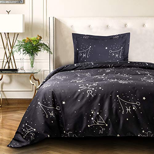 NTBAY Microfiber Twin Duvet Cover Set, 2 Pieces Ultra Soft Constellation Printed Comforter Cover Set with Zipper Closure and Corner Ties, Black