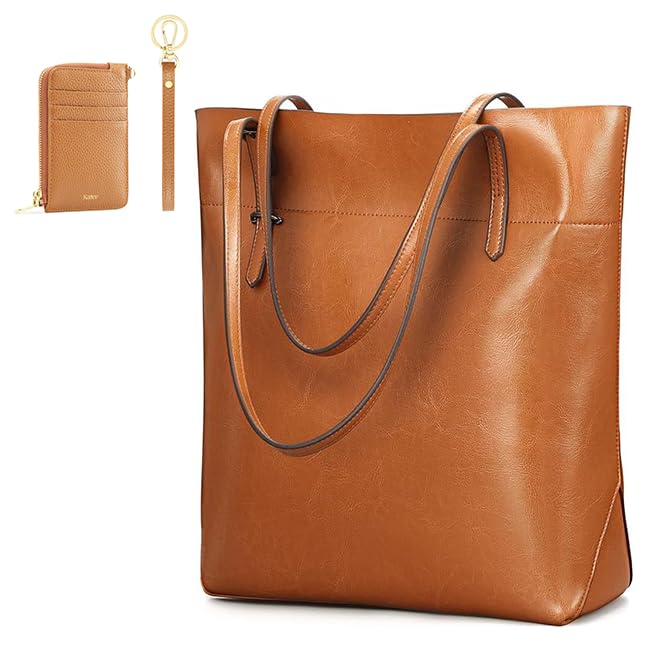 Kattee Genuine Leather Tote Bag Shoulder Handbag & RFID Wristlet Wallet Slim Card Holder for Women