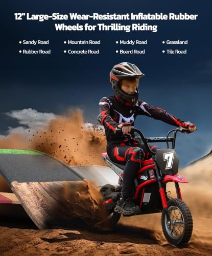 Image of ELEMARA Electric Dirt Bike,350W Motorcycle 24V Ride on Toy for Big Kids w /LED Power Display,15.5 mph & 150lb Max,3 Speeds,Chain-Driven Motor,Twist-Grip Throttle & Brake Lever,12 inch Air-Filled Tires-Red