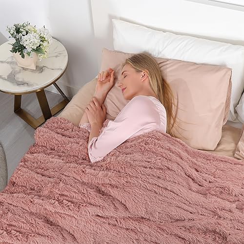 Image of Tuddrom Decorative Extra Soft Faux Fur Blanket Twin Size 70 inch x 78 inch,Solid Reversible Fuzzy Long Hair Shaggy Blanket,Fluffy Cozy Plush Fleece Comfy Microfiber Blanket for Couch Sofa Bed,Peach Whip