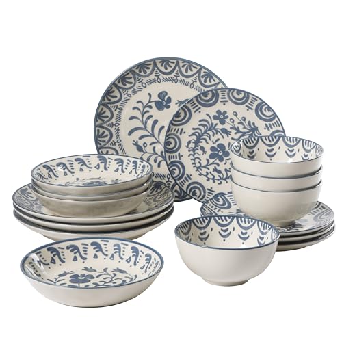 Image of Bloomhouse - 2-Time Oprah's Favorite Things - Valencia Flor 16 Piece Dinnerware Set, Artisanal Decorated Stoneware Plates & Bowls, Service for 4, Microwave & Dishwasher Safe, Iris Blue