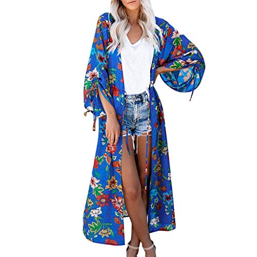 Women's Lace Cardigan Floral Crochet Sheer Beach Cover Ups Long Open Kimono Blue