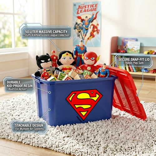 Image of Nayasa Superman Toy Box 50 Ltr | DC Superhero Print Plastic Storage Box with Lid | Stackable Organizer & Strong Durable | Blue