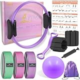 Pilates Ring Kit with Adjustable Ankle Wrist Weights, Resistance Bands, Ball, Pilates Equipment Ball for Home Workout to Tone, Sculpt and Strengthen, Fitness Magic Circle Rings for Yoga Women (Purple)