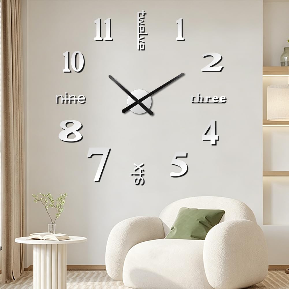 Aolso 3D DIY Frameless Large Wall Clock, Wall Clock Modern Roman Numerals Sticker, 3D Stick on Wall Clocks for Living Room Kitchen Bedroom Office Home-Sliver