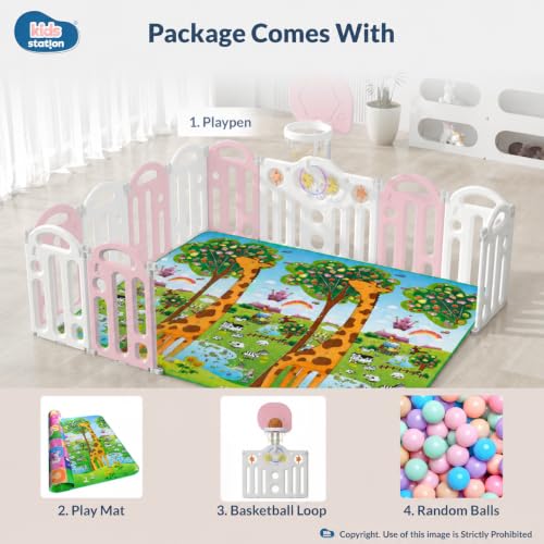 Image of Kids Station Pink Bear Baby Playpen 180 x 200 with Playmat, Basketball Hoop & 20 Balls, Spacious Safety Play Yard for Babies & Toddlers, Indoor /Outdoor Use, Sturdy Frame