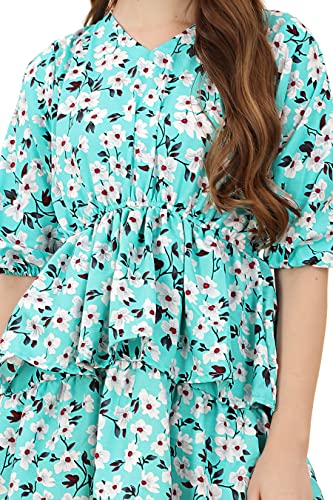 Image of Mini Dress for Women - Fancy Cotton Floral Design Short Dresses Frocks for Girls, Western One Piece Knee Length Dresses for Party, Outing, Casual Wear
