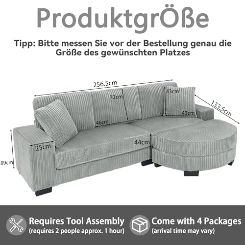 DUlVBPE L-förmiges Ecksofa – 4-Sitzer Sofa, 256.5 x 133.5 x 89 cm, Klassisches Corduroy, Modulares Design mit Ovalem Hocker, 2 Kissen Inklusive, Ideal für Wohnzimmer, Apartments & Büros, Gray – Bild 3