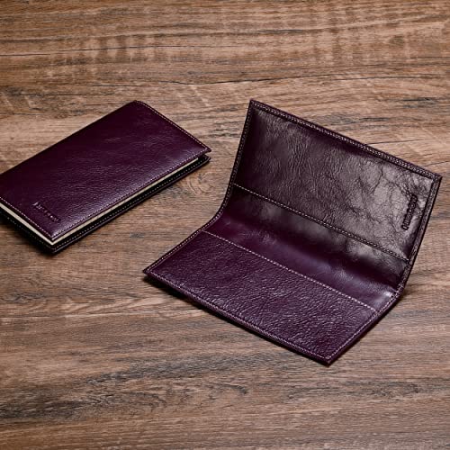 Image of HISCOW Slim Leather Checkbook Cover for Personal Checks, Antiqued Purple, One Size, Minimalist | Full grain cowhide, transaction register & check book pockets, removable duplicate divider, durable stitching, gifts for men