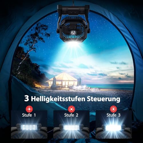PDBEST Batteriebetriebener Ventilator 20000mAh Kabellos, Wiederaufladbarer Tragbarer Ventilator mit LED-Laterne, Tischventilator, USB-C-Akku Campingventilator für Reisen, Strand, Schwarz Black – Bild 5
