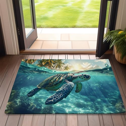 Sea Turtle Welcome Door Mat,Hawaii Beach Doormat for Outside Entrance Home Decor,Non-Slip Carpet Rugs with Felt Entryway Mat for Patio Indoor Front 17" x 30"