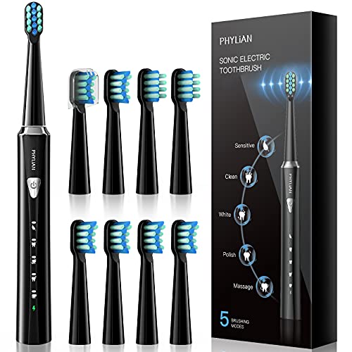 Electric Toothbrush with 8 Duponts Brush Heads, 5 Modes, 3 Hours Fast Charge for 60 Days Use, 40,000 VPM Motor, Power Whitening Rechargeable Sonic Toothbrushes for Adults & Kids