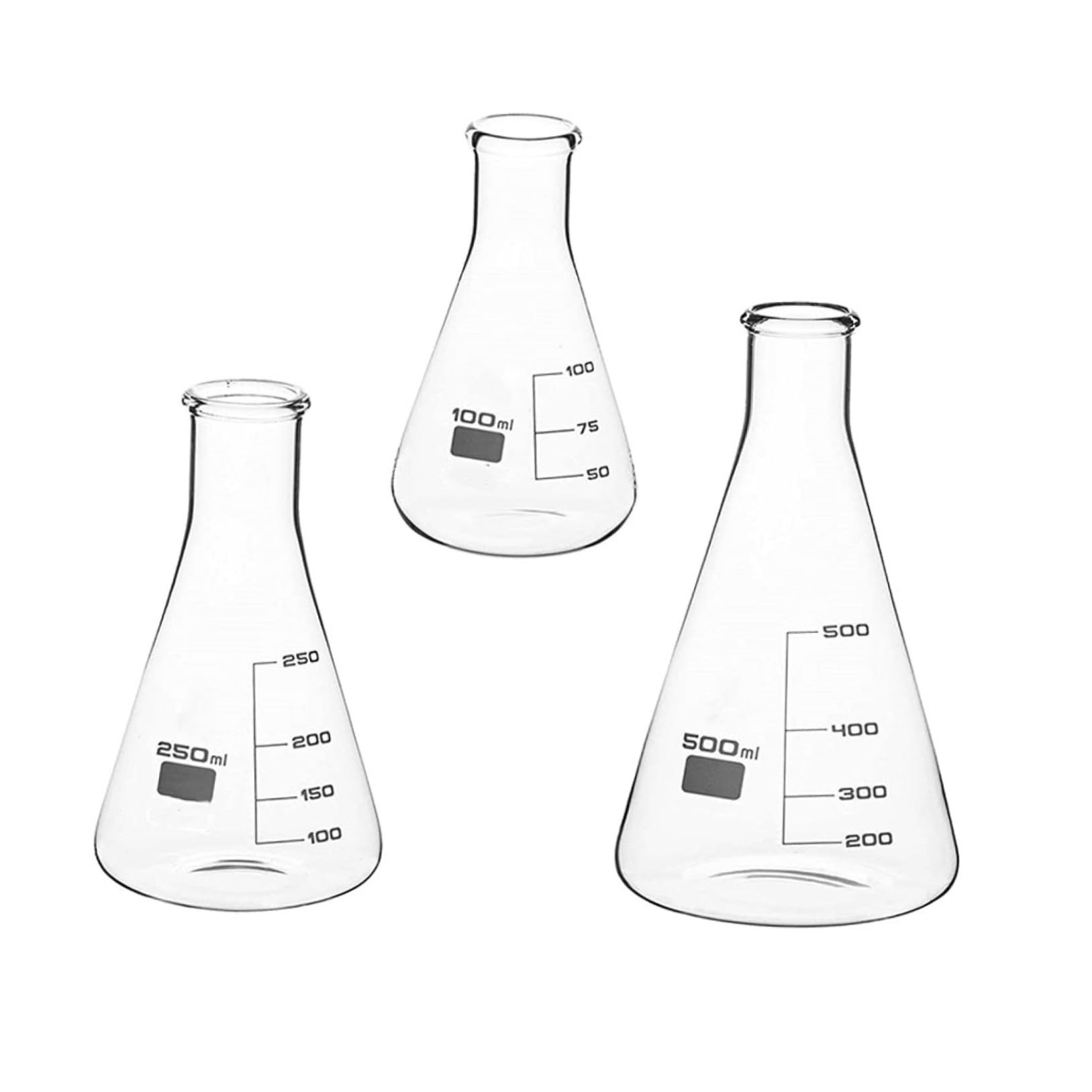 Matraz Cónico de Vidrio 3 Piezas 100ml 250ml 500ml | Graduaciones Estándar y Escala Clara, Base Plana, para Laboratorio Escolar y Aplicaciones de Ciencias Vida
