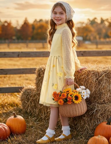 Image of Arshiner Girls Dresses Contrast Mesh Puff Long Sleeve Formal Party Dress