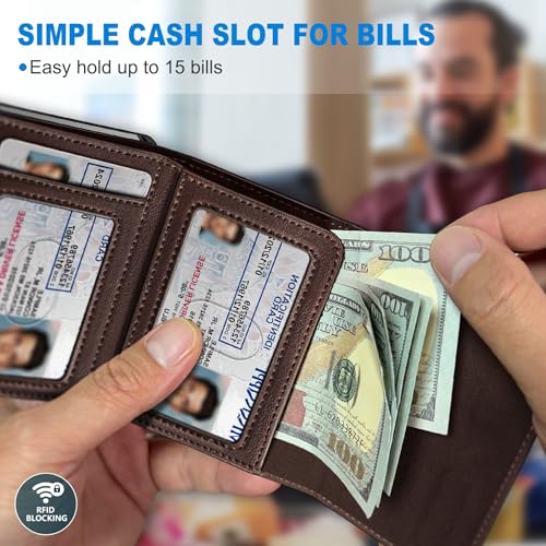 Image of miyozi Wallet for Men,with Cash Pocket 2 ID Window 9-13 Cards,Metal Case Smart Slim Pop Up Credit Card Holder Flip with Magnetic Closure RFID Blocking Trifold wallet with Gift Box