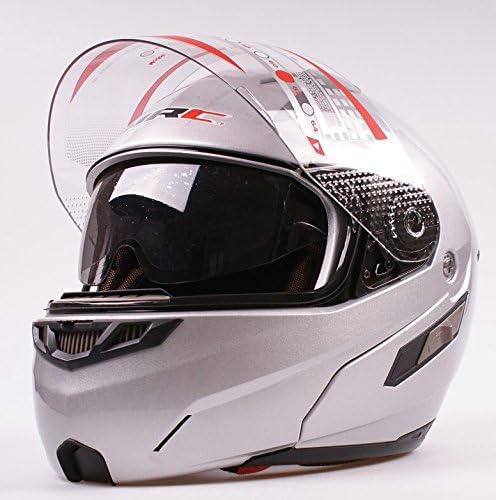 Side view of silver MRC helmet with clear visor up and tinted inner visor down