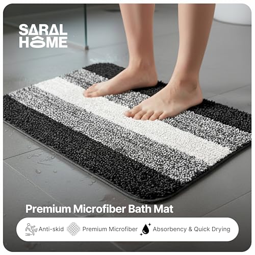 Image of SARAL HOME EASY LIVING Microfiber Striped Rectangle Shaped Anti-Skid Bath Mats Soft & Super Absorbent Mats for Shower Washable,Non-Slip & Quick-Drying Mats,50X70cm Pack of 2(Black)