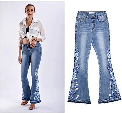 Andongnywell Womens Embroidered Flare Jeans Mid Waist Stretchy Flared Jean Floral Embroidery Bell Bottom Denim Pants4