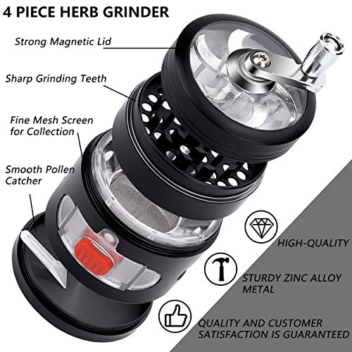 Herb Grinder, Yokilly 4-Piece Black Spice Grinder with Pollen Catcher, Zinc Alloy Manual Grinder with Handle, Clear Top Grinder with Drawer, 2.5 Inches Grinder Hand Cranked