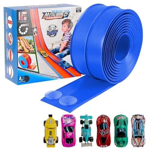 Dikopubby Flex Track Race Set for Kids, 15FT Starter Set Car Track with 4 Suction Cups and 6 Diecast 1/64th Cars - STEM Racing Toy for Boys & Girls Ages 3+ (Upgrade Orange) (Upgrade-Blue)