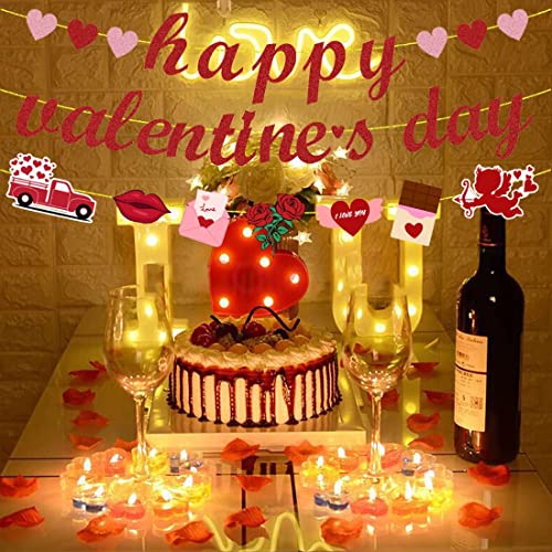 Image of FestikoHappy Valentines Day Banner with Heart Garland, Red Pink Glitter Valentines Banner, Valentines Day Decorations Garland for Fireplace Home Wedding Anniversary Party