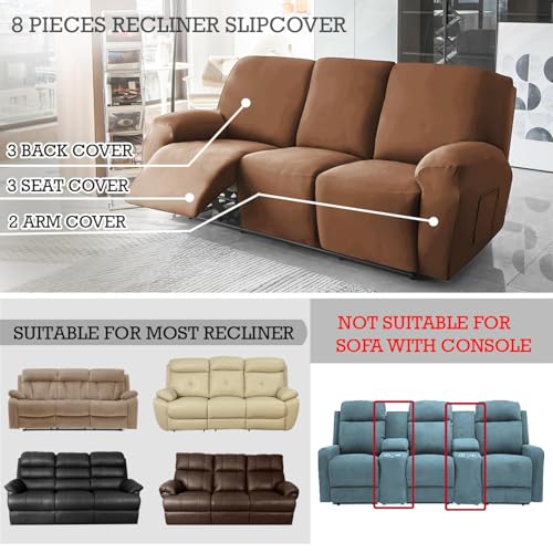 Image of HOKIPO 'SereneSolids' 140 GSM Recliner Stretch Sofa Slipcover 3 Seater Fully Covered 8-Piece Set Machine Washable Furniture Protector with Elasticity for Kids Pet, Brown (NEW-AR-4742-BR)