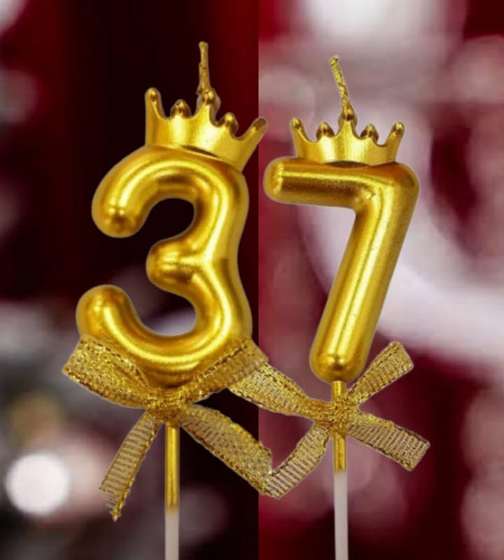 Image of Wax Number Candles With Crown 3 Inch For Birthday Parties, Wedding, Engagement, Valentines Day Celebration, Theme Party, Bachelors Decoration Gold(Numeric 37 Or 73), 2 Pieces