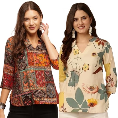 Image of Women's Cotton Printed Short Kurti, Round Neck, Three Quarter Sleeve, Straight Fit, Pack of 2