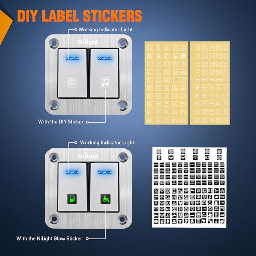 Image of Nilight 2 Gang Rocker Switch Panel 3 Pin On Off Pre-Wired Blue LED | Waterproof Aluminum Toggle Switches with DIY Stickers for 12V 24V Automotive Cars Marine Boats UTV Truck Jeeps