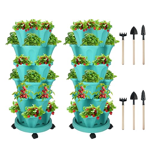 GameXcel Vertical Planter Tower - 6 Tier Stackable Garden Planters with Wheels and Tools Plant Pots for Strawberry Herb Flower and Vegetable Indoor Outdoor Use Teal 2 Pack