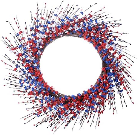4th of July Wreath,20in Artificial Patriotic Wreath Red White Blue Flower Wreath for Front Door and Independence Day Celebration (Red-White-Blue)