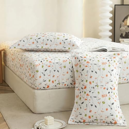 Image of IVAZA Ezyption Cotton Super Soft 240 TC Elastic Fitted All Around Elastic Printed King Size Double Bed Bedsheet with 2 Pillow Cover 72 inch X 78 inch3 White Orange