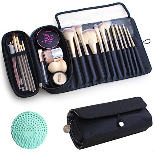 Makeup Brush Bag, Travel Makeup Brush Case Makeup Brush Holder Organizer Cosmetic Bag Portable Roll Up Brush Storage Bag for Makeup Brushes and Cosmetic Essentials (Black)