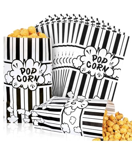 Image of Whaline 100Pcs Movie Night Paper Popcorn Bags 2Oz Black and White Stripe Flat Bottom Popcorn Container Grease Resistant Large Sleeve Popcorns Bucket Disposable for Retro Movie Themed Party Carnival