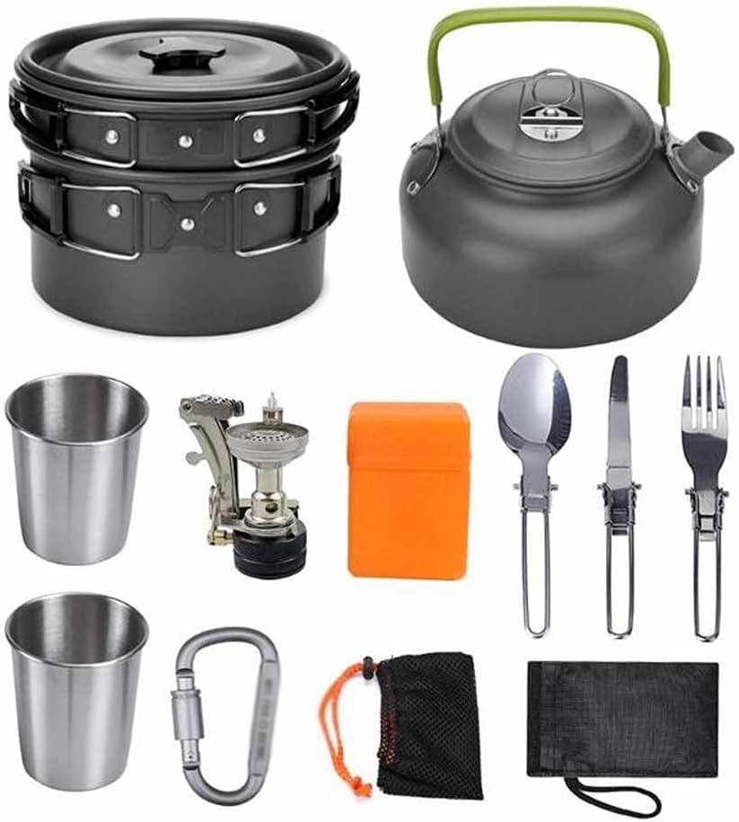 Camping Cookware Set Picnic Cooking Pots Set Outdoor Hiking BBQ Tableware with Pan Kettle Stove Set Camping Tourism Supplies Kit (Color : A) (A)