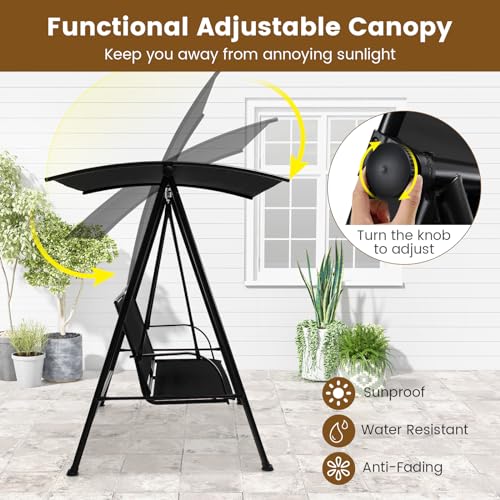 Image of HAPPYGRILL 2-Person Outdoor Swing with Canopy, Patio Porch Swing Chair with Heavy-Duty Metal Frame, Breathable Seat Fabric, Patio Loveseat Swing for Backyard, Balcony, Poolside