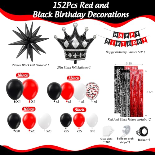 Image of Red and Black Birthday Party Decorations 152Pcs, Red Black White Balloons Arch Kit with Banner Fringe Curtains for 16th 18th 21st 24th 32th 40th 50th 60th Birthday Decorations for Men