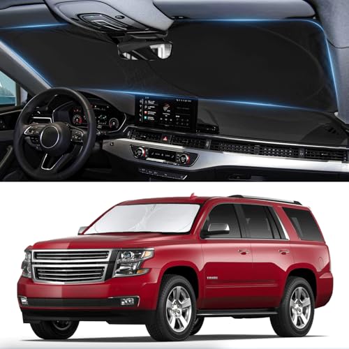 for Chevy Tahoe Windshield Sun Shade Foldable Sunshade-Custom Fit 2015-2020 Tahoe SUV Accessories for Chevrolet Windshield Cover 210T Reflective Front Window Protector Blocks UV Rays Sun Visor
