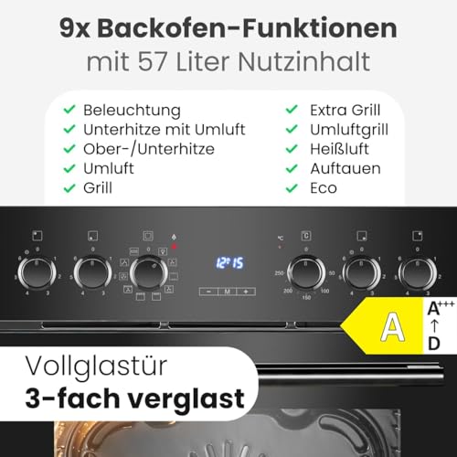 Bomann® Herd-Kochfeld-Kombination | 60cm Breite | Grill und Heißluft | Energieklasse A | 9 Funktionen | Herd Backofen mit Glaskeramik-Kochfeld | 57L | Einbauherd mit Ceranfeld | Herdset EHBC 7938
