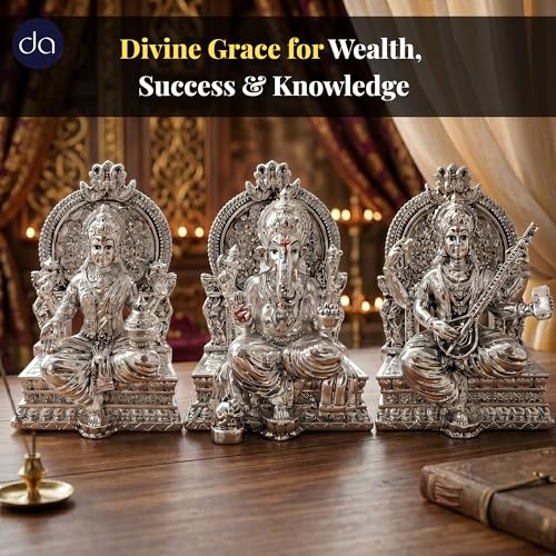 Image of Premium Silver-Plated Lakshmi Ganesh Saraswati Murti | Ganesh Laxmi Idol Statue for Home Temple| Pooja Room | Office Desk | Mandir Decor | Diwali | Housewarming | Wedding Gift | 3.7 Inch