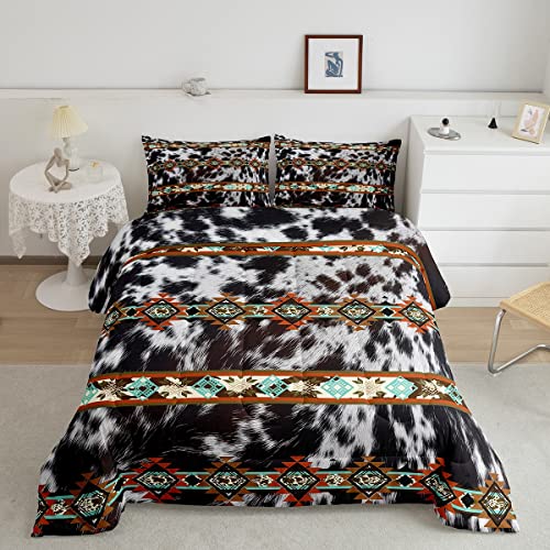 Erosebridal Cowhide Quilt Black and White Highland Cow Print Queen Comforter Set,Western Bedding Set Exotic Aztec Duvet Insert,Farmhouse Wild Animals Longhorn Skin Room Decor Cowboys Gifts f
