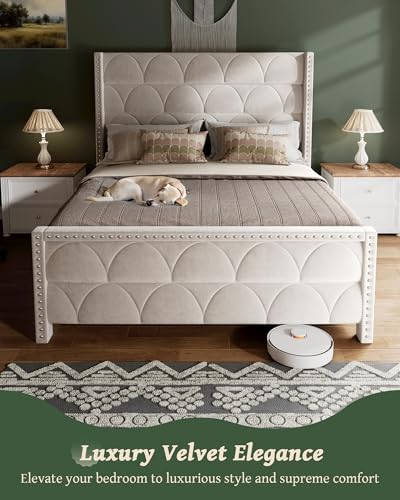 Elegant Velvet Queen Bed Frame with Wingback Headboard - Image 5