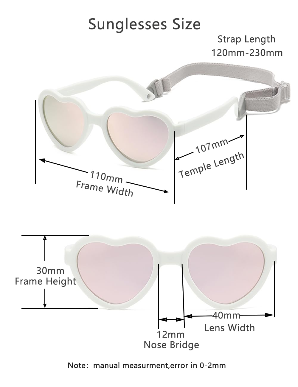 Gafas de sol flexibles polarizadas en forma de corazón con correa para bebés recién nacidos de 0 a 24 meses