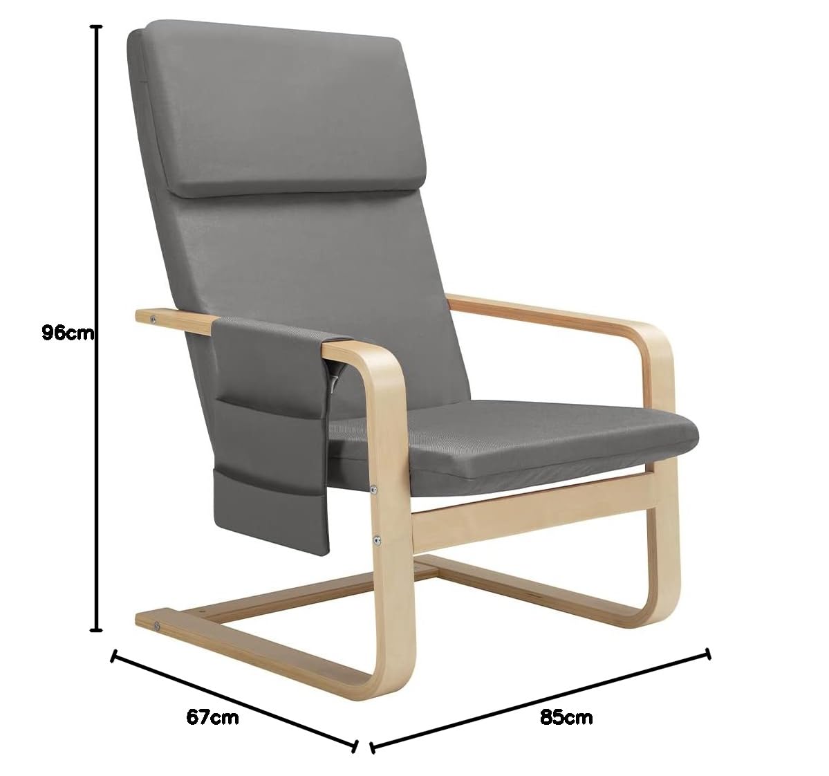 BAKAJI Stuhl aus Birkenholz mit Bezug aus Baumwolle, gepolstert aus sehr dichtem Schaumstoff, entspannender Sessel mit 2 Fächern und Kissen, ergonomischer Sitz (grau)
