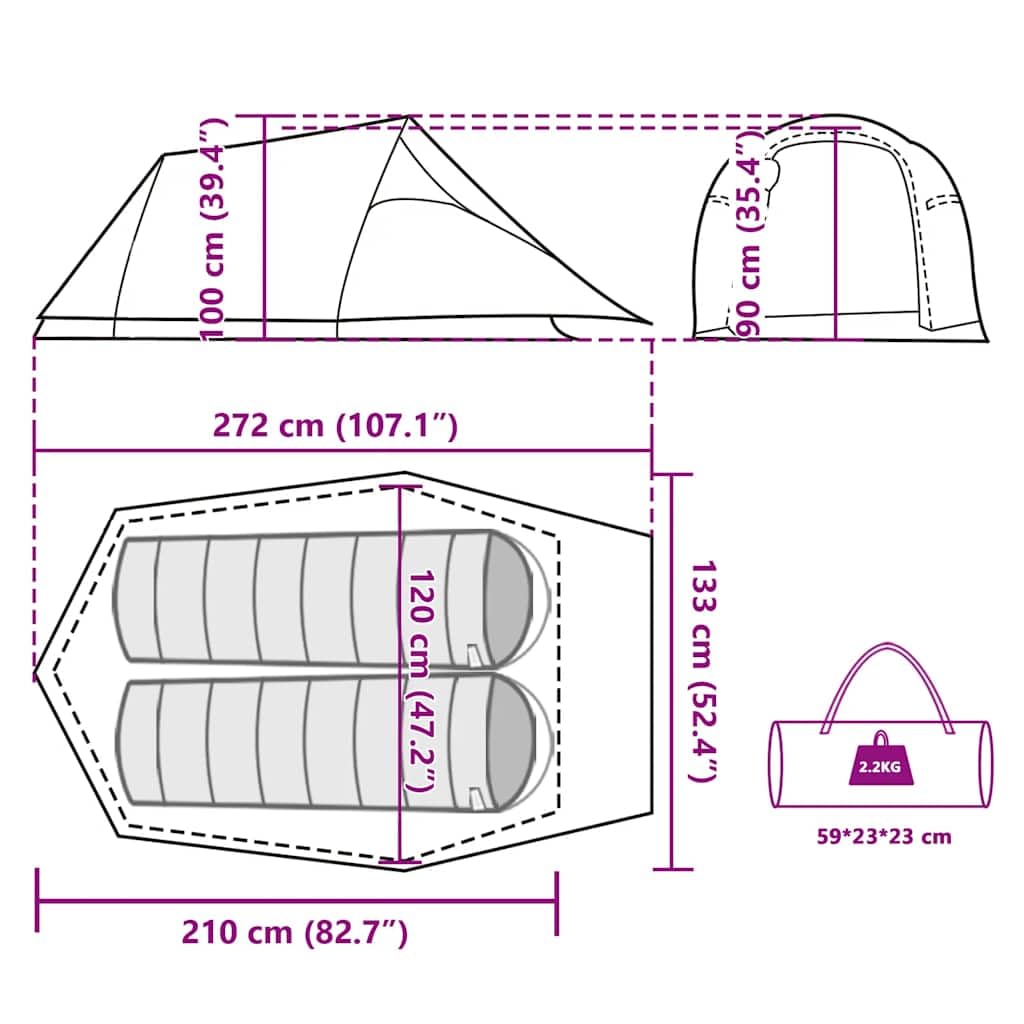 Namiot tunelowy dla osób, zielony, wodoszczelny, namiot kempingowy z zadaszeniem, wentylacją i moskitierą, x x, 2, wymiary opakowania 49,5 x 12,5 x 12, na wędrówki, trekking, na zewnątrz