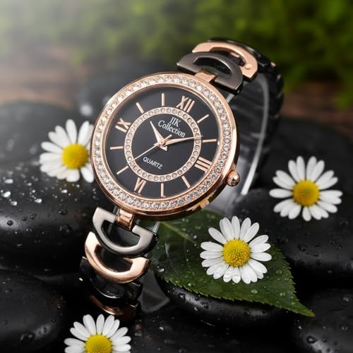 Image of IIK COLLECTION Watches for Women Round Studded Dial |Analogue Quartz Movemnet Ladies Watch|Long Battery Life|Stainless Steel Adjustable Bracelet Chain Strap|Double Lock Clasp Safety Watches for Girls
