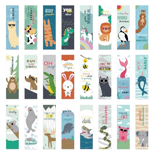 Adecortalk 24 Pcs Animal Pun Bookmarks, Motivational Paper Book Marks Fun Bookmarks for Reading Kids, Book Marks for Kids Bulk, Classroom Rewards (5.5 * 1.6)