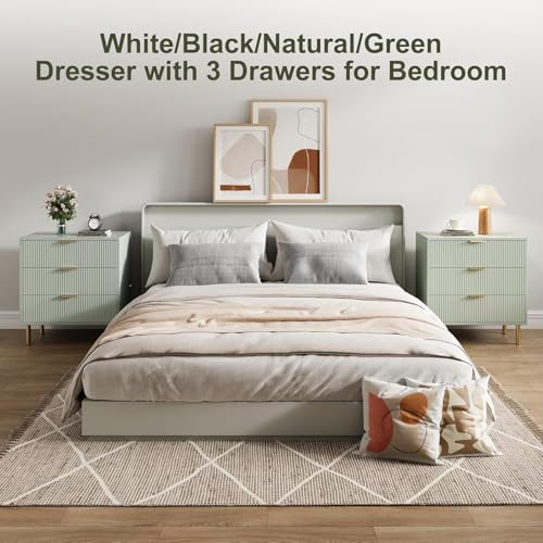 GarveeHome Green 3 Drawer Dresser for Bedroom, Large Nightstand Chest of Drawers, Modern Wood Storage Dresser Organizer with Gold Metal Handles & Anti-Tipping Device for Hallway, Entryway