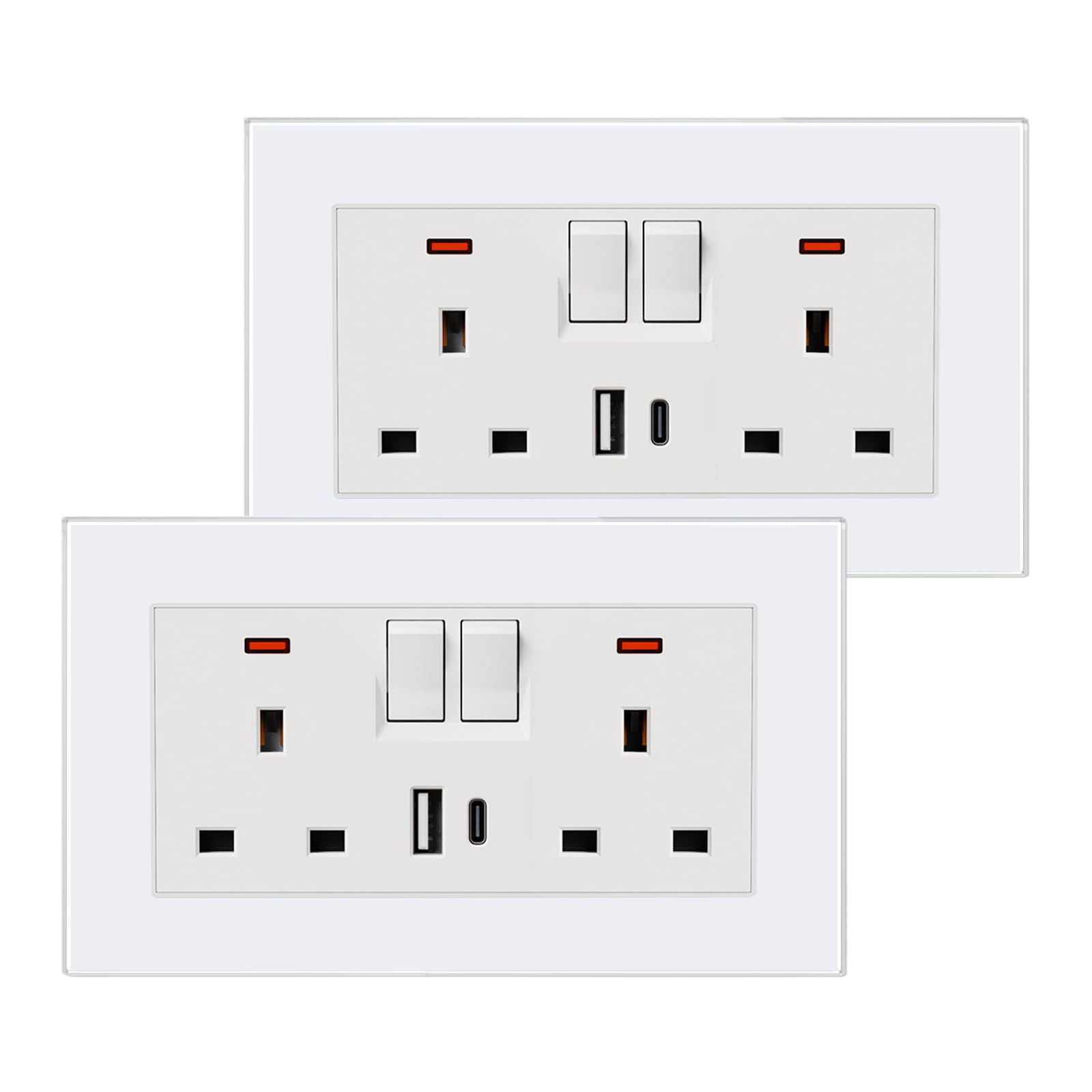 BSEED Double Socket 13A with 2 USB A and USB C 18W, Double Switched Socket 2 Gang UK Standard, Switched Outlet with Glass Panel, Electric Power Outlet White, 2 Pack โ image 1